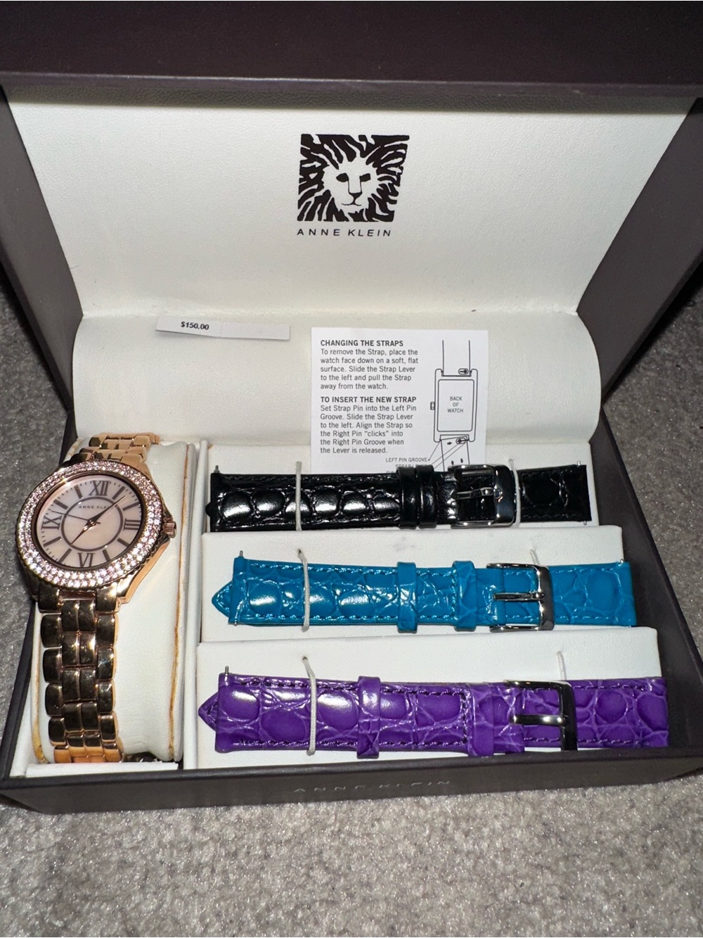 Anne Klein Rose Gold Watch with Interchangeable Black, Blue, and Purple Straps